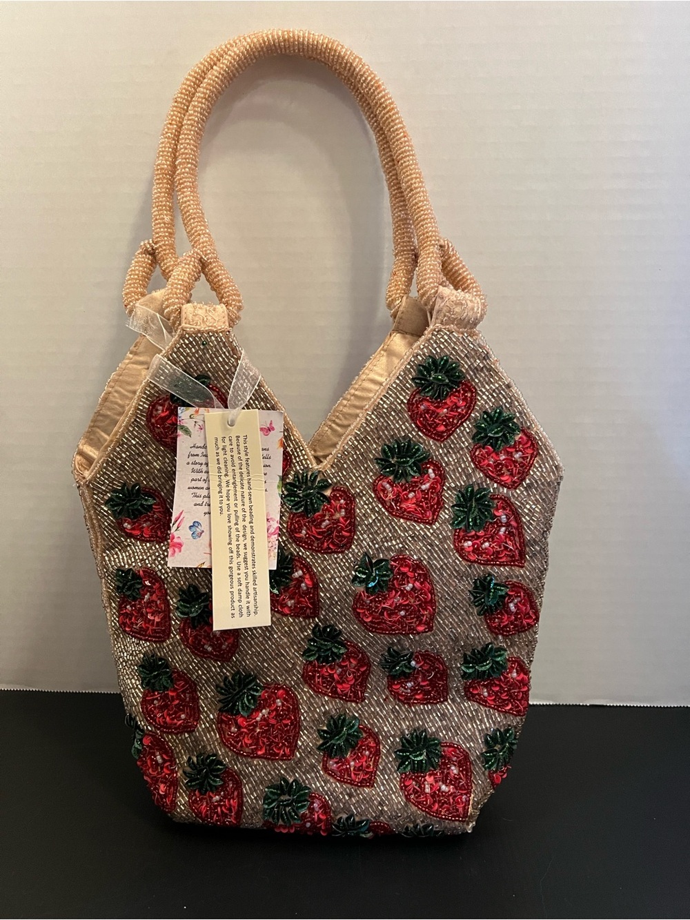 Beaded Strawberry Embellished Tote Bag in Champagne